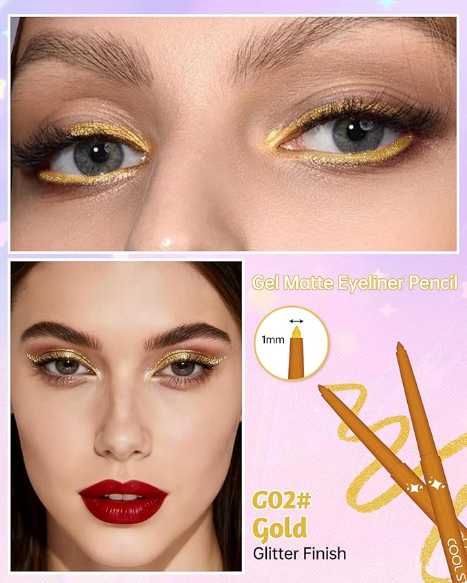 Glitter Gel Eyeliner Pencil,Retractable Cream Gold Eye Liner Pencils,Waterline Eye Makeup Liners,Waterproof & Smudge Proof Glitter Eyeliner Facial Makeup Gift for Mature Women,Girls,Christmas-G02 Gold