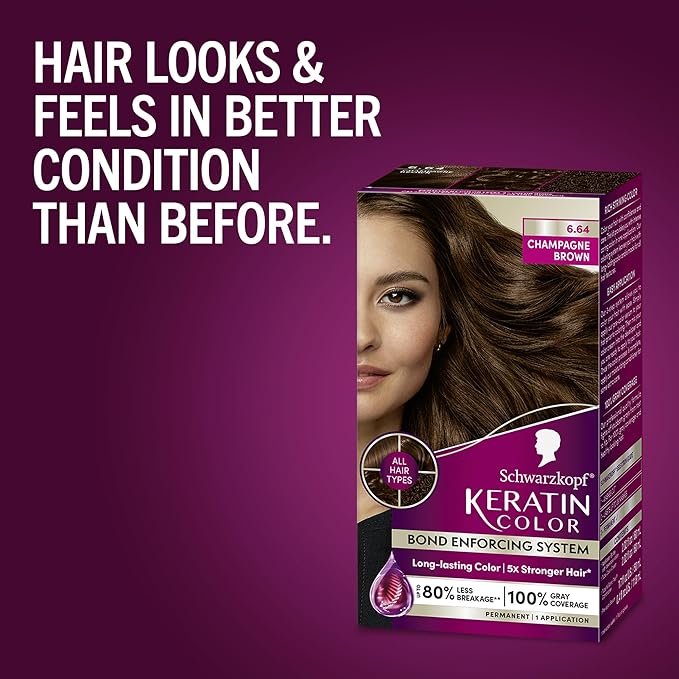 Schwarzkopf Keratin Permanent Hair Dye Cream, 6.64 Champagne Brown, Professional Quality Color for Up to 100% Gray Coverage, Bond Enforcing System