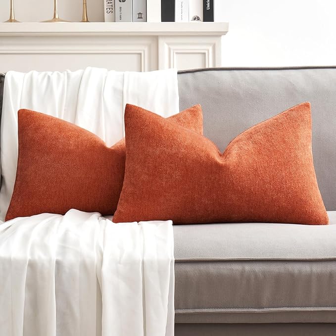 MIULEE Pack of 2 Burnt Orange Decorative Fall Pillow Covers 12x20 Inch | Soft Chenille Couch Autumn Throw Pillows Farmhouse Cushion Covers for Home Decor Sofa Bedroom Living Room