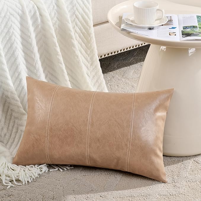 Fancy Homi Tan Long Lumbar Waterproof Faux Leather Decorative Throw Pillow Covers 14x24 Inch for Living Room Couch Bed, Beige Hand Stitched Cushion Case 35x60 cm, Taupe Modern Farmhouse Home Decor