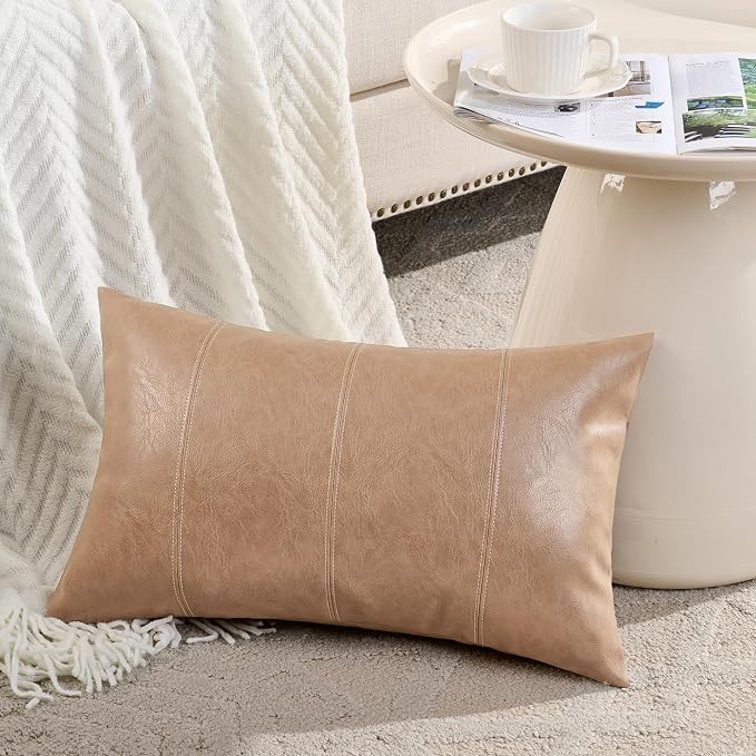 Fancy Homi Tan Long Lumbar Waterproof Faux Leather Decorative Throw Pillow Covers 16x24 Inch for Living Room Couch Bed, Beige Hand Stitched Cushion Case 40x60 cm, Taupe Modern Farmhouse Home Decor