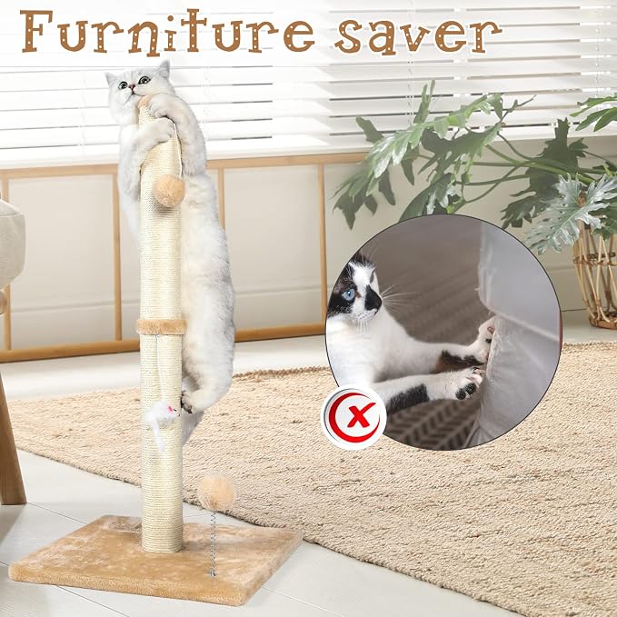 ANWA 32" Tall Sisal Cat Scratching Posts Tree for Indoor Cats Adults, Beige | Sisal Cat Scratcher, Small Space, Cat Post with Dangling Plush Toys for Indoor Cats, 15.7" Stable Base, Cat Furniture