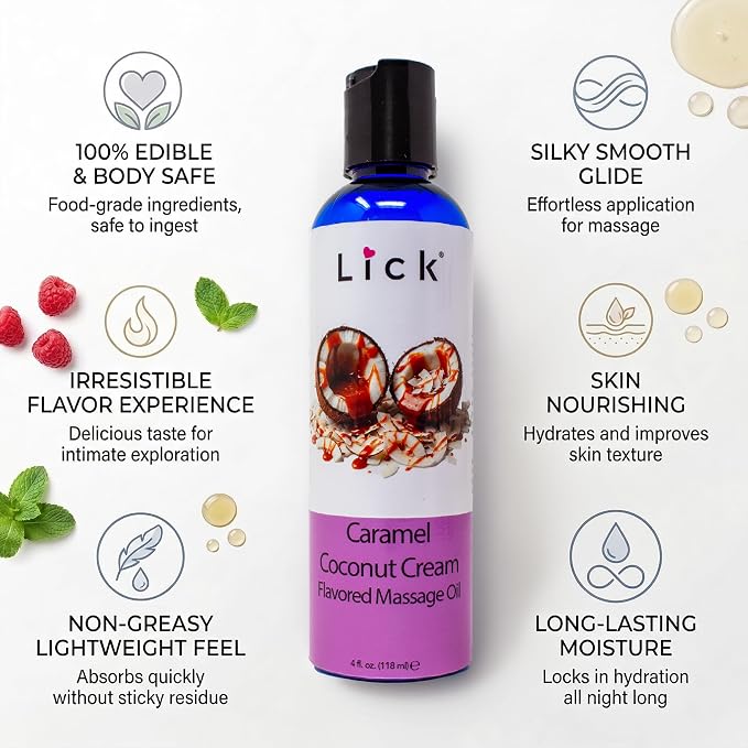Lick Caramel Coconut Cream Flavored Massage Oil – Tropical Edible Massage Oil with Sweet Almond Oil & Vitamin E, Hydrating Body-Safe Formula for Relaxing Couples Massage, 4 oz