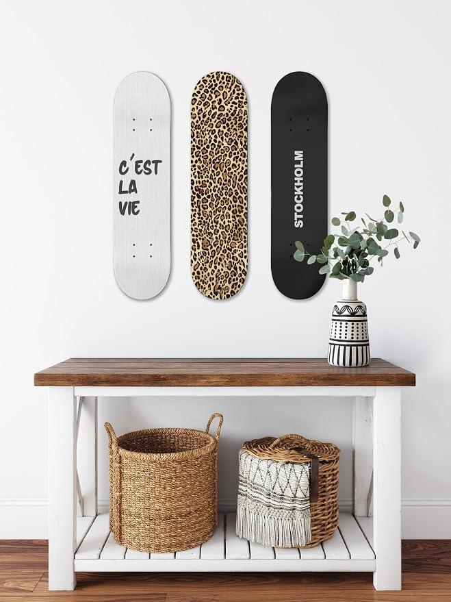 TwoDays Stockholm Style Skateboard Wall Decor - Modern Wall Mount Art Set for Men's Apartment & Dorm, Cool Cheetah Print Skate Deck, Trendy Skater Room Design (Set of 3)