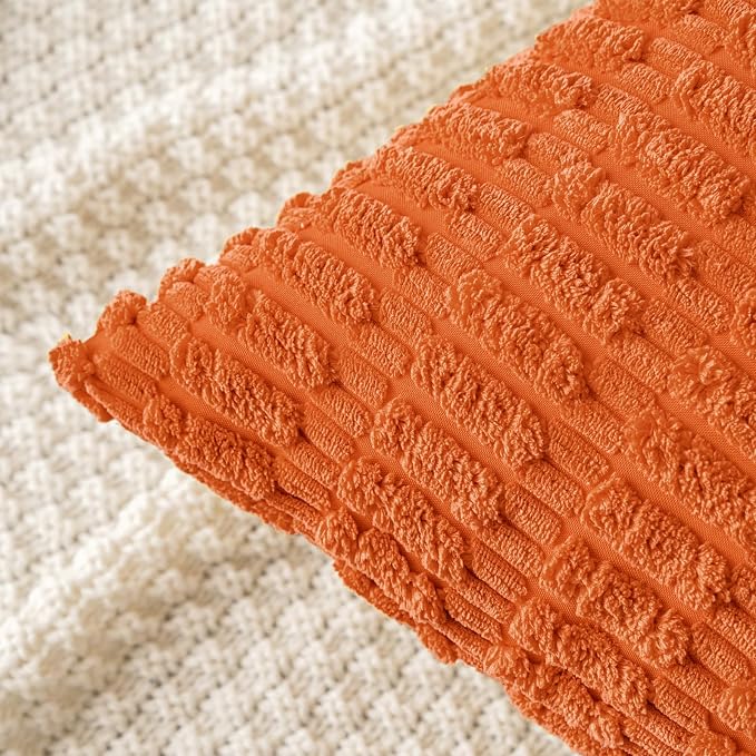 MIULEE Fall Corduroy Decorative Throw Pillow Covers 16x16 Orange Pack of 2 | Soft Boho Striped Pillow Covers Modern Farmhouse Autumn Home Decor For Sofa Living Room Couch Bed