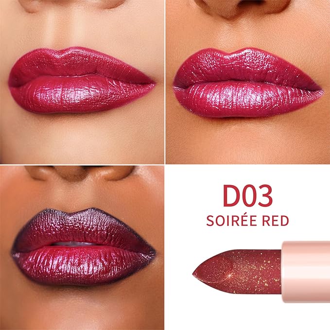 Oulac Shimmer Lipstick for Women, Infinity High Shine Finish, Hydrating Lip Color Infused with Damask Rose Oil for All-Day Comfort, Gluten-Free Vegan Beauty, D03 Soirée Red