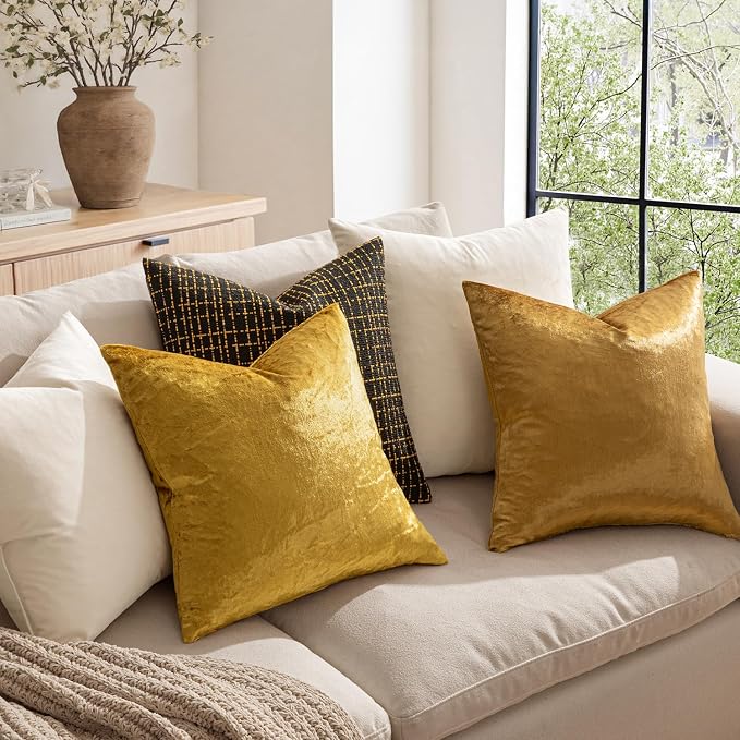 MIULEE 24x24 Inch Pack of 2 Euro Velvet Throw Pillow Covers Golden | Soft Solid Decorative Euro Sham, Modern Luxury Home Decor, for King Bed Sofa Couch Bedroom Livingroom