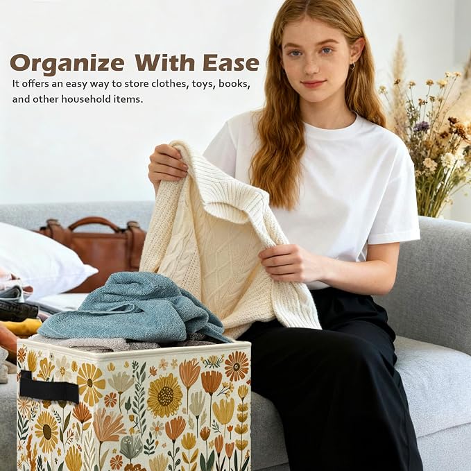 Boho Floral Storage Box Bins, Cottagecore Country Wildflower Botanical Collapsible Storage Basket Organizer for Bedroom Laundry Room Home Clothes Books, Decor for Room