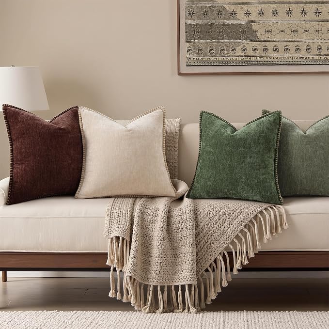 decorUhome Soft Chenille Throw Pillow Covers 22x22 Set of 2 Chocolate | Fall Textured Decorative Throw Pillow Cases Stitched Edge Modern Farmhouse Luxury Boho Velvet for Couch Sofa Bed Home Decor