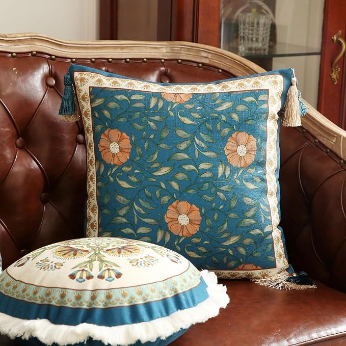 patdrea Designer Vintage Linen Throw Pillow Cover,18"x18"-Wensel A | Decorative Pillow Case,Teal Floral Pattern,Pillow Cover for Couch Living Room Bedroom Sofa,Fringe Trim