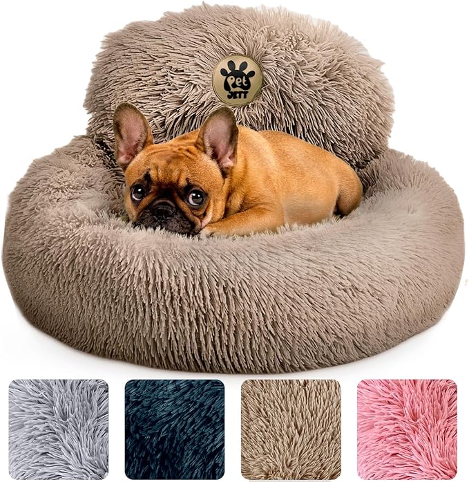 PetJett Calming Dog Beds for Small Dogs – 23" Donut Dog Beds, Anti-Slip & Washable Puppy Bed - Fluffy Plush Faux Fur Pet Bed, Anti-Anxiety Premium Comfort Round Pillow, Fits Dogs up to 25 lbs – Beige