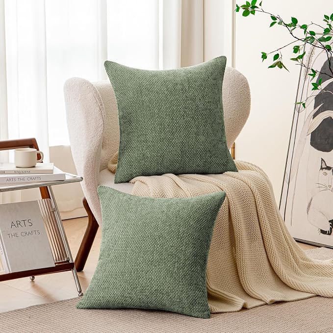 a moment Moss Green Chenille Throw Pillow Covers 16x16 Inch Pack of 2 Modern Decorative Throw Pillow Covers Farmhouse Cross Covers Home Decor for Sofa Bedroom Living Room