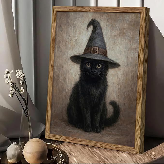 Framed Halloween Cat Wall Art, Vintage Gothic Black Cat Witch Canvas Wall Decor Paintings, Moody Dark Academia Animal Artwork Posters Prints Pictures for Bedroom Living Room 16x24 Inch
