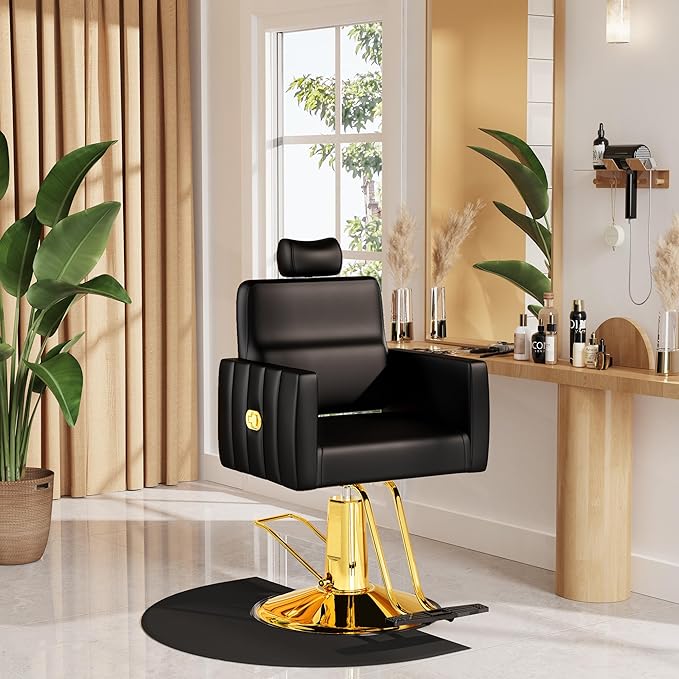 Baasha Reclining Gold Salon Chair with Adjustable Headrest, All-Purpose Hydraulic Styling Chair, Soft PU Leather, Heavy-Duty Steel Frame, 440 lbs Capacity, for Haircut, Braiding & Tattoo