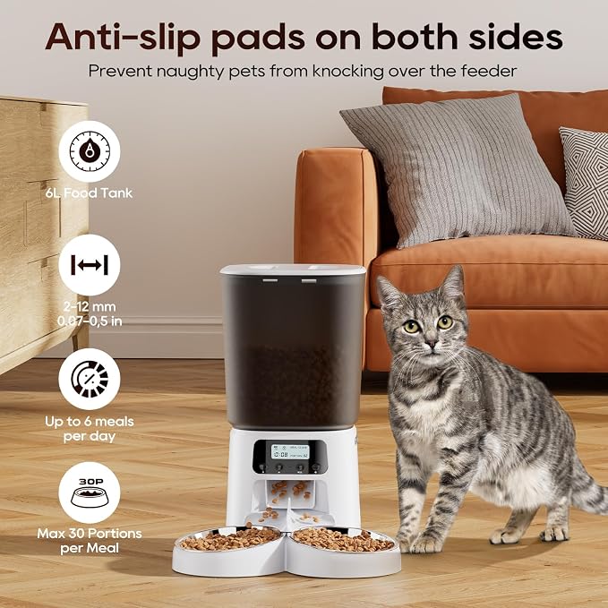 Petrice Automatic Cat Feeder for 2 Cats, 6L/25 Cups Cat Food Dispenser Programmable 30 Portions 6 Meals per Day, Timed Pet Feeder for Kitty Small Dogs with 10S Voice Record, Easy Setup, White