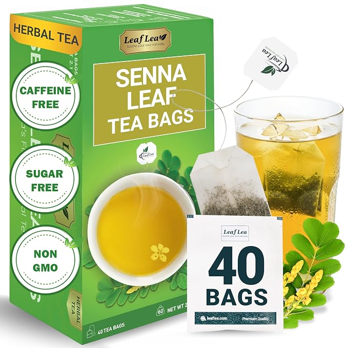 LeafLea Senna Leaf Tea Bags, Herbal Laxative Tea for Constipation, 40 Ct | Single-Ingredient Senna Leaf, Caffeine-Free, Sugar-Free, Gluten-Free, Non-GMO, Vegan, Individually Foil-Wrapped
