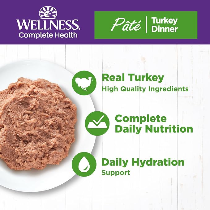 Wellness Complete Health Pate Adult Canned Wet Cat Food, Natural, Protein Rich, Grain Free, Turkey Dinner Recipe, 5.5 oz, Pack of 24 Cans