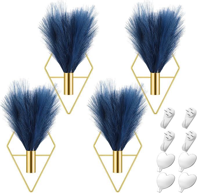 Hanaive 4 Sets Boho Wall Decor Metal Wall Art Hanging Planters with Artificial Pampas Display Modern Home Vase for Bedroom Home Office(Soft,Dark Blue)