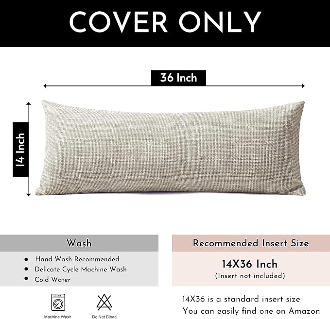 OTOSTAR Linen Throw Pillow Cover Set of 1 Decorative Long Lumbar Pillowcase Rectangle Cushion Cover 14x36 Inch for Home Decor Sofa Bedroom Car 35 x 90CM Khaki