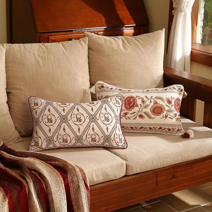 Designer Vintage French Linen Throw Pillow Cover,20"x12"-Albano D | Elegant Rectangle Pillow Cover,Concealed Zipper Design,Floral Pattern,Sofas,Bedroom,Living Room,Lounge Chairs,Decor