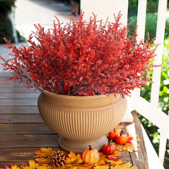 RECUTMS Fake Fall Outdoor Flowers Artificial Lavender Plants,Autumn Decor | 20 Packs Faux Fall Greenery UV Resistant Artificial Wine Red Flowers Fake Outdoor Faux Autumn Plants for Garden Party Cabinet
