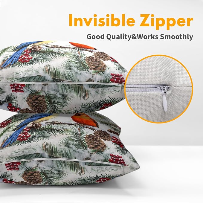 Kawani Winter Birds Throw Pillow Covers 16x16 Inches, 2 Pcs Xmas Pine Needle Orange Blue Bird Pillowcase Cotton Linen Square Cushion Case for Couch Sofa Bedroom Living Room Home Décor
