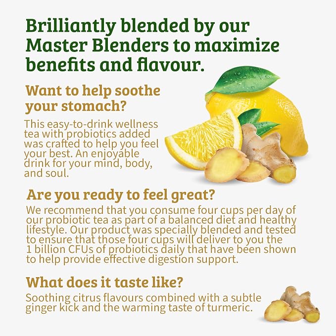 Twinings Superblends Probiotics+ Lemon & Ginger Flavoured Herbal Tea with Turmeric, Caffeine-Free, 18 Count (Pack of 2), Enjoy Hot or Iced, 18 Teabags