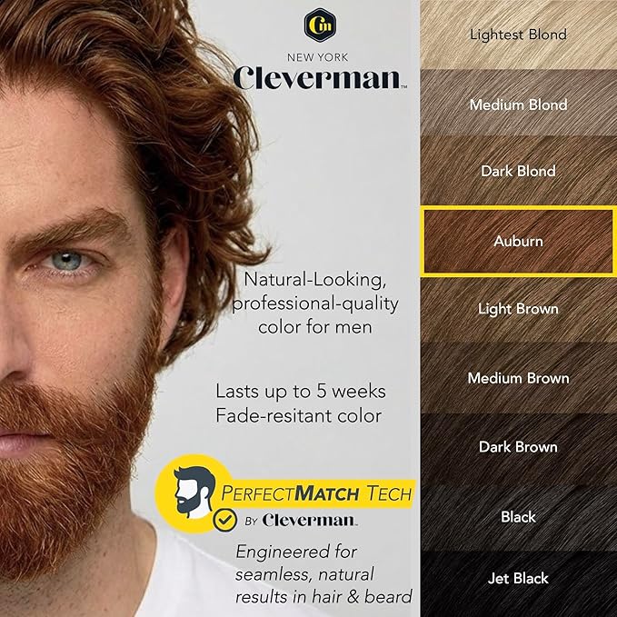 2X Reusable Hair & Beard Dye for Men – Auburn | Up to 10 Uses, 7 Minutes | Natural Gray Coverage, No-Drip Cream with SkinArmour® – Cleverman