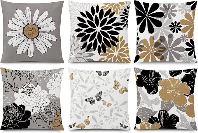 Brown Black Throw Pillow Covers 20x20 Set of 6, Neutral Floral Home Decor | Rustic Floral, decorative cushion cover, Breathable Linen, Large Throw Pillow Size, Spring Decor, Couch Sofa Living Room