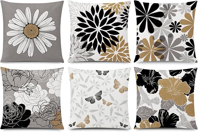 Brown Black Throw Pillow Covers 16x16 Set of 6, Neutral Floral Home Decor | decorative Floral cushion cover, Breathable Linen, Accent pillow, chair, small Sofa, Autumn summer Decor, Earth Tone