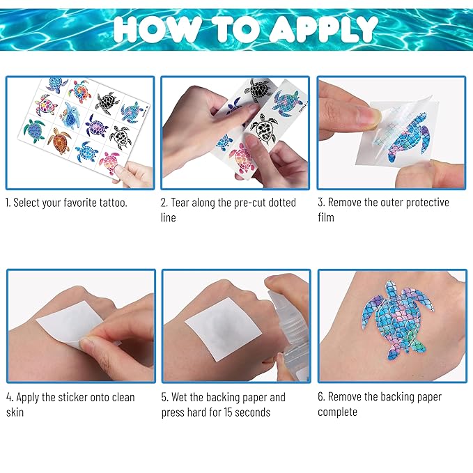 96 PCS Turtle Pre-Cut Temporary Tattoos for Kids | Super Cute First Themed Birthday Party Favors, Supplies, Decorations, Cute Ocean Animal Tattoo Stickers (multiple)