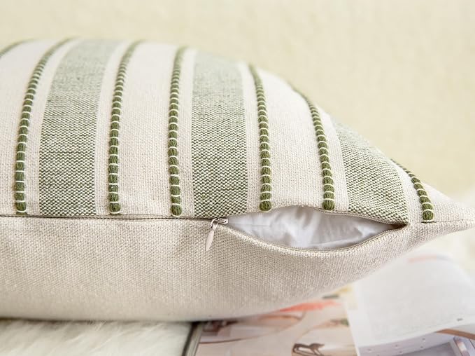 Cethom Decorative Boho Throw Pillow Covers, Farmhouse Textured Pillow Case, 18 x 18 Inch Set of 2, Chair Sofa Bedroom Living Room Home Decor Couch Cushion Case, Olive Green and Beige Striped