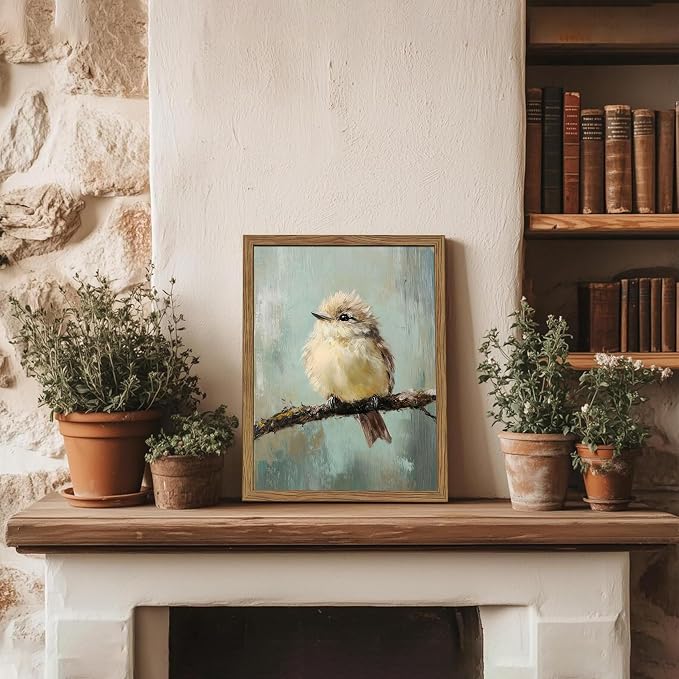 Vintage Framed Bird Wall Art, Rustic Sparrow on Branch Canvas Wall Decor Painting, Cute Bird Animal Artwork Poster Prints Pictures for Living Room Bedroom Bathroom 12x16 Inch