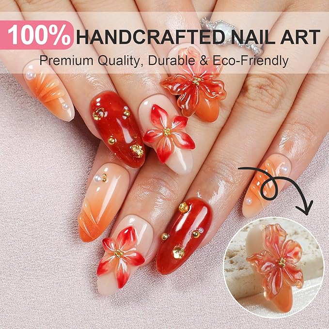 Handmade Press On Nails Almond, French Tips 3D Flowers Rhinestone Design Fake Nails Short, Salon-Quality Reusable, Women's Gift Fall/Winter Collection, 10Pcs Brown