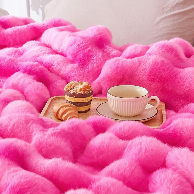 Luxury 1000GSM Rabbit Faux Fur Blanket, Super Warm Cozy Brown Blankets for Couch Bed Sofa, Ruched Plush Fuzzy Elegant Soft Reversible Mink Blanket Living Room Bedroom, 50" x 60",Rose Pink