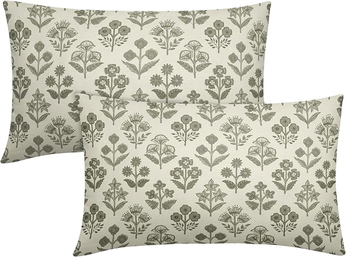 Olive Green Floral Pillow Covers 12x20 Inch Set of 2, Block Print Lumbar Flower Cream Decorative Throw Pillowcases Outdoor Farmhouse Rectangle Cushion Covers Spring Summer Sofa Couch Bed Decor