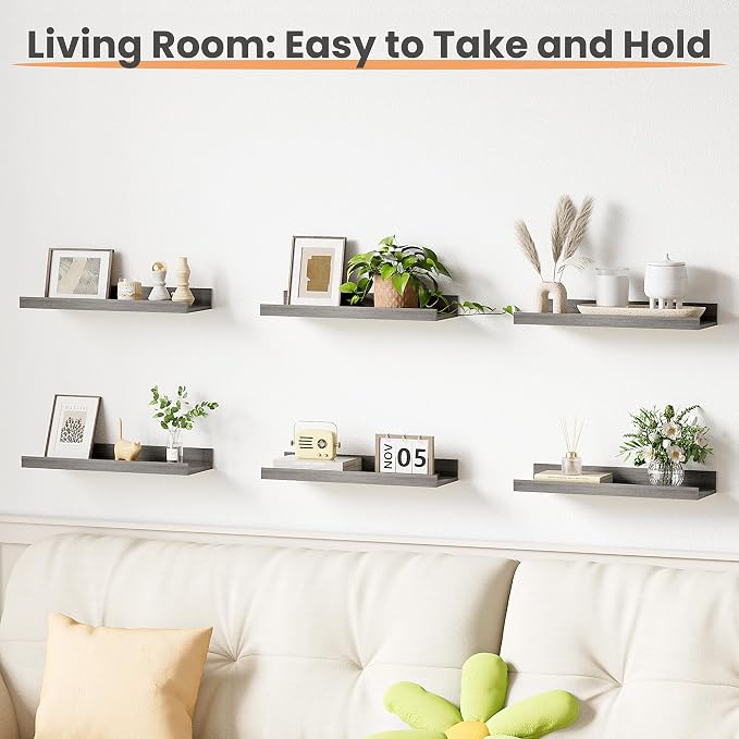 upsimples Floating Shelves for Wall Decor and Storage, Grey, 6Pcs 15.7'' | Wall Mounted Wood Shelves for Living Room, Bedroom, Bathroom, Kitchen, Office, Laundry Room Display and Organize