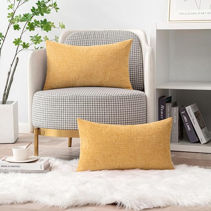 MIULEE Soft Chenille Lumbar Throw Pillow Covers Beige Yellow 12x20 Inch | Pack of 2, Modern Decor, Classic Decorative Pillows, Solid Dyed Cases, Boho Couch Cushion Covers for Sofa Bed Living Room