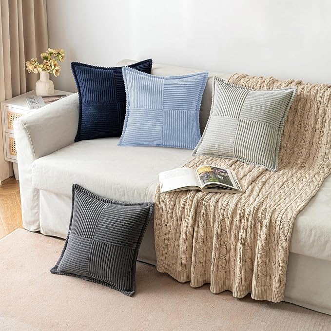 MIULEE Decorative Throw Pillow Covers for Couch 20x20 Inch Light Blue | 2 Pack, Boho Broadside Striped Patchwork Pillow Covers, Soft Corduroy Cushion Cases, For Sofa Bed Livingroom Home Decor