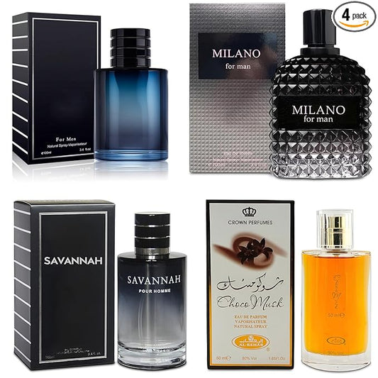 AFLUXE 4-Piece Cologne for Men Includes Choco Musk/SE/Savannah/Milano Scent of Woody, Spicy, Citrus & Aromatic eau de parfum Men Gift Set Each 100Ml for Daily Use