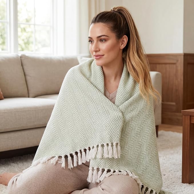Americanflat 50x60 Throw Blanket - Soft and Breathable Cotton Throw Blanket for Couch, Bed, Chair - Decorative Blankets Perfect for Home or Outdoor Use - Light Green and White Herringbone Design