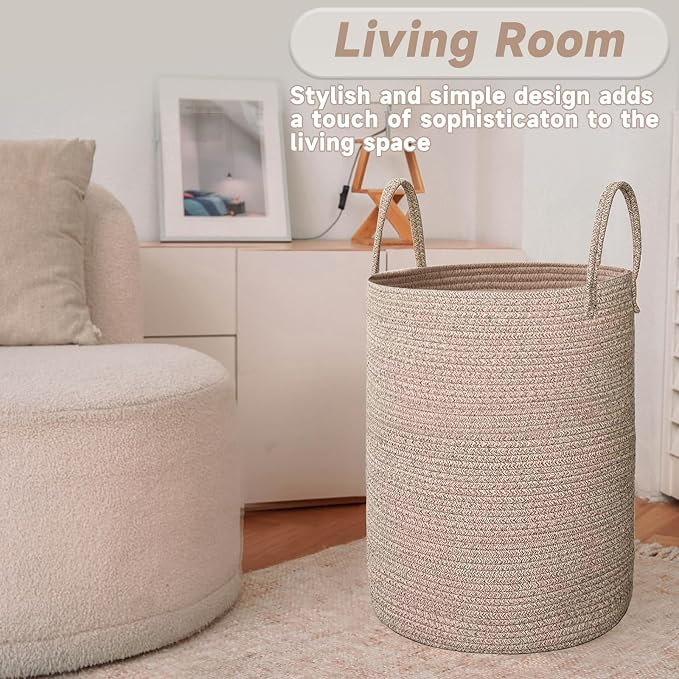 JMvicyroam 100L Cotton Rope Laundry Basket Hamper, Oatmeal | Collapsible laundry basket, reinforced handles, freestanding, machine washable, holds 3-5 thick blankets, clothes or toys