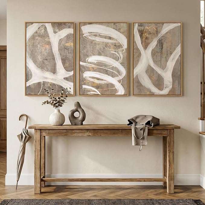 Large Framed Abstract Wall Art, Set of 3, Beige Taupe White, 20x30 In | Neutral artwork, Modern canvas prints, Wood frame, Minimalist pictures, Wall decor for living room dining bedroom hallway