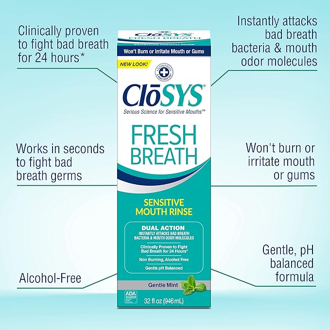 CloSYS Mouthwash, 32 Ounce, 2 Count, Fresh Breath Mouthwash, Gentle Mint, Alcohol Free, Dye Free, pH Balanced Mouth Wash, Helps Soothe Entire Mouth, Fights Bad Breath