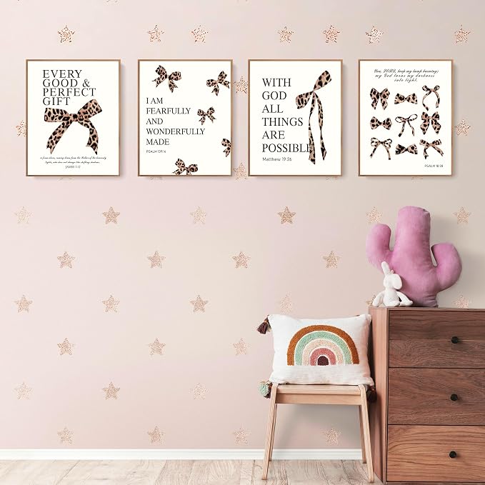 LARTSFRO Coquette Leopard Bow Wall Art Decor Posters, Y2K Cheetah Print Room Decor Aesthetic Bible Verses Inspirational Wall Art for Teen Girls Bedroom Dorm Bathroom, 10x8 Inch Set of 4 Pcs Cheetah Bow Pictures (UNFRAMED)