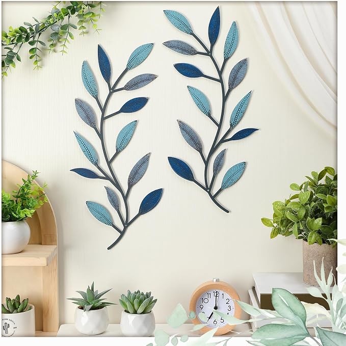 Zhengmy 2 Pcs Metal Leaf Wall Art Vine Branch Decor,Vintage Blue | Olive Branch Metal Decor for Living Room Hallway, Symmetrical Leaf Pair for Doorway Entryway, Lightweight Hanging Art Design
