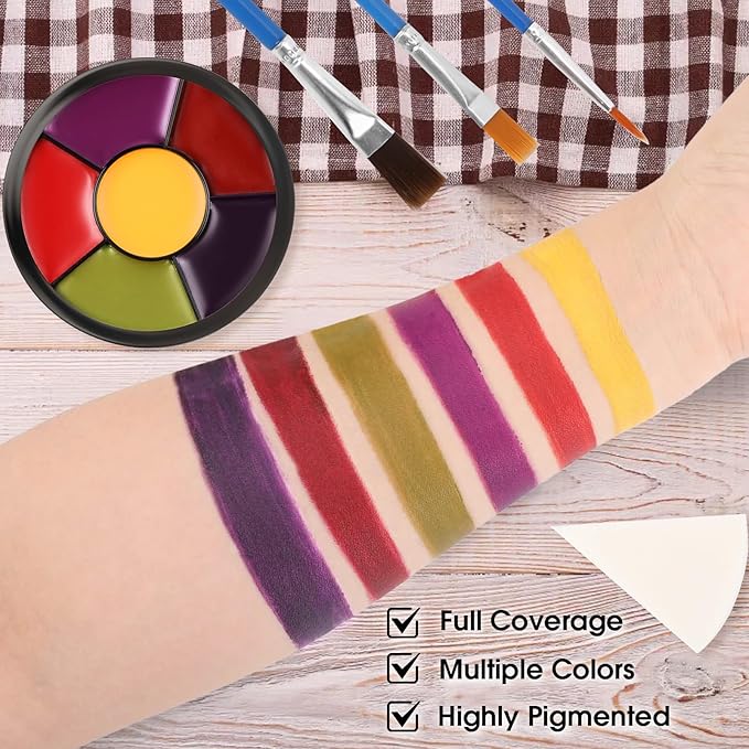6 Colors Halloween Face Body Paint + 6pc Sponge + 3pc Brush, Yellow Purple Red Green Bruise Wheel for SFX Makeup, Face-Paint Body Paint Halloween Makeup Kit for Zombie Clown Joker Alien Witch Costume