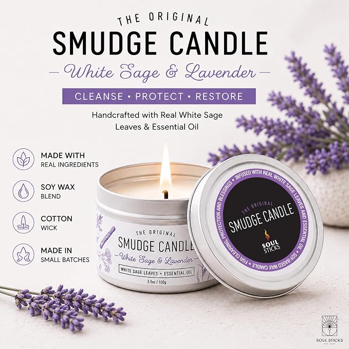 SOUL STICKS Smudge Candle for Cleansing House, Meditation, Chakra Healing, Aromatherapy (White Sage & Lavender)