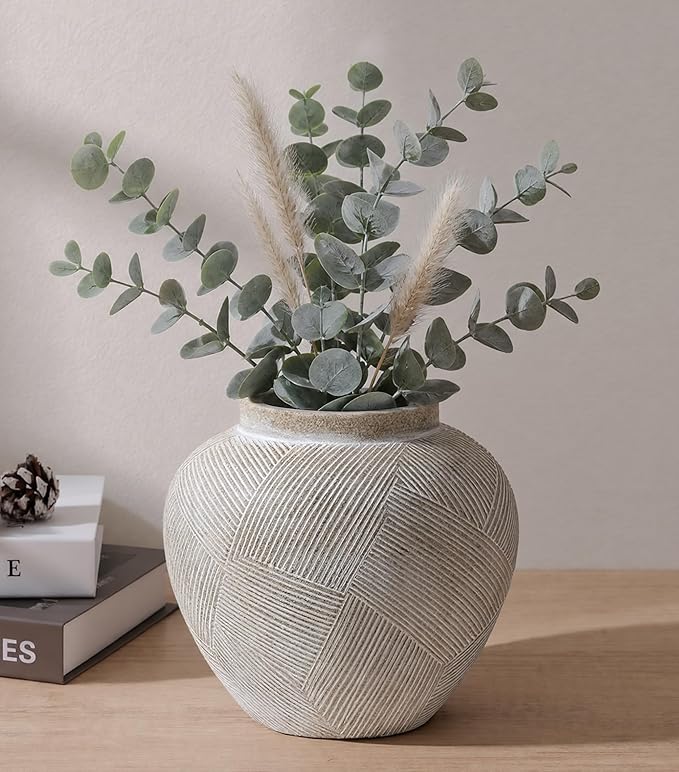 DREAMLOOM 7.7 Inch Flat Ceramic Flower Vase, Cream Grey | Textured, Farmhouse Vintage, Pottery Terracotta, Home Decor, Living Room Dining Table Wedding Centerpieces