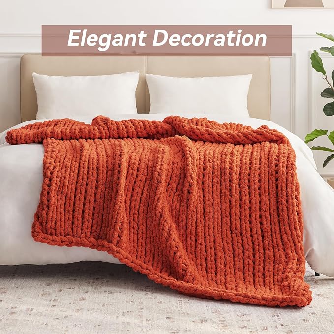 Negwoo Chunky Knit Throw Blanket, Knitted Throw Chenille Yarn, 80"*90" | Soft Thick Cable Knitted Blankets, Handmade Big Thick Blanket, Machine Washable Cute Comfy Blanket for Home Decor, Orange